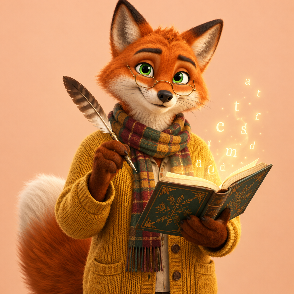 Professor Finn Fox, the Reading & Writing professor: Mustard cardigan, plaid scarf and half-moon reading glasses.