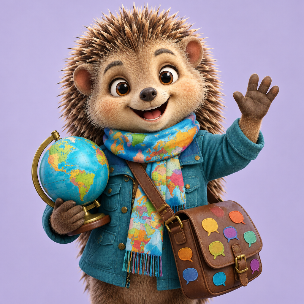 Professor Hattie Hedgehog, the World Languages professor: Teal travel jacket, world-map scarf and a satchel of new words.