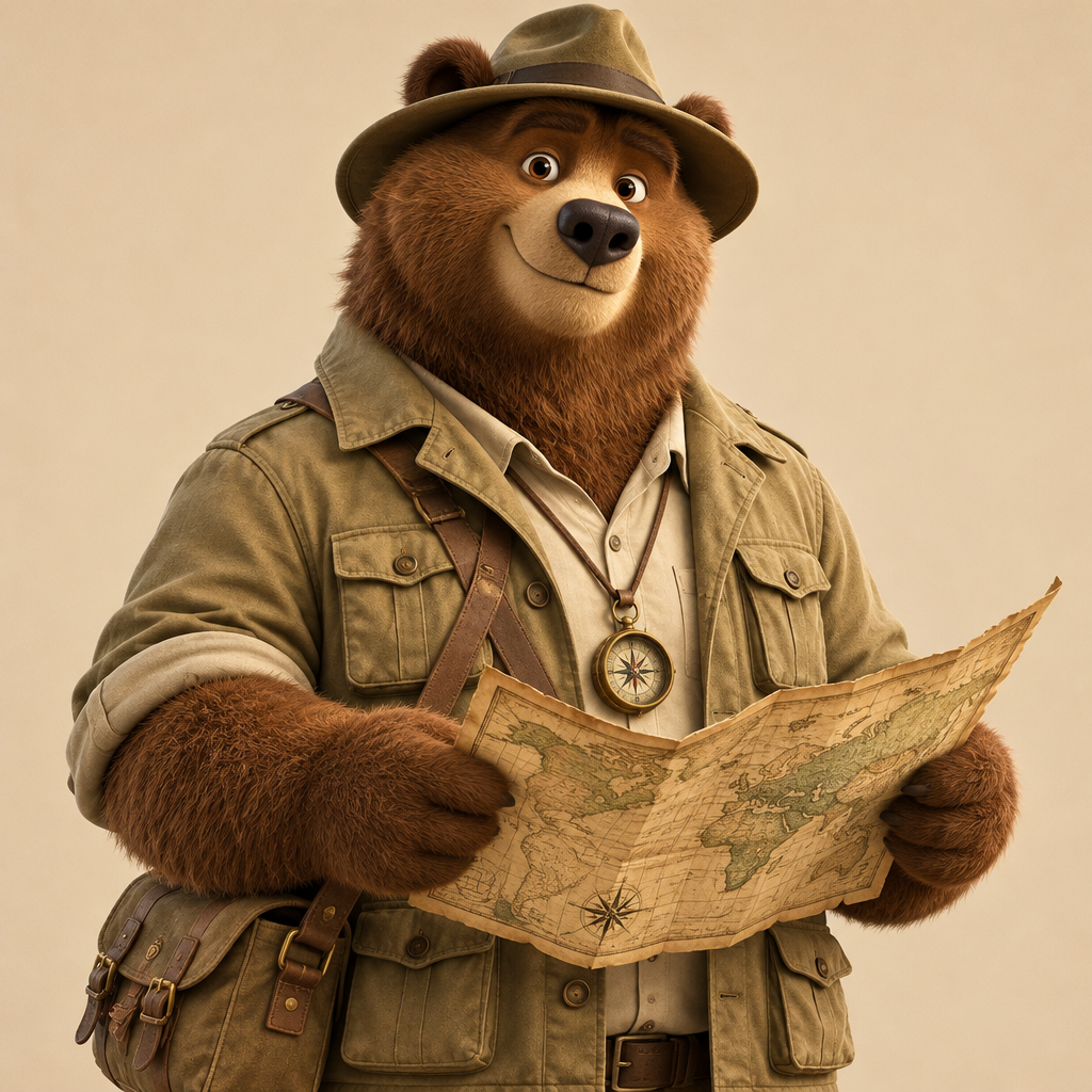 Professor Bram Bear, the History & Geography professor: Explorer’s field jacket, brass compass and a map for every era.